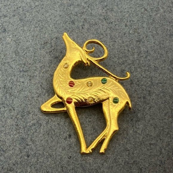 Christmas Pin Brooch Graceful Gold Reindeer Art Deco Rhinestone Red Green - Picture 2 of 6